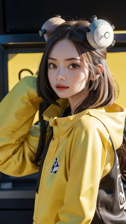 masterpiece, Highest quality, High resolution, One girl, ION 1, Long Hair, Yellow Jacket, Long sleeve, hair ornaments