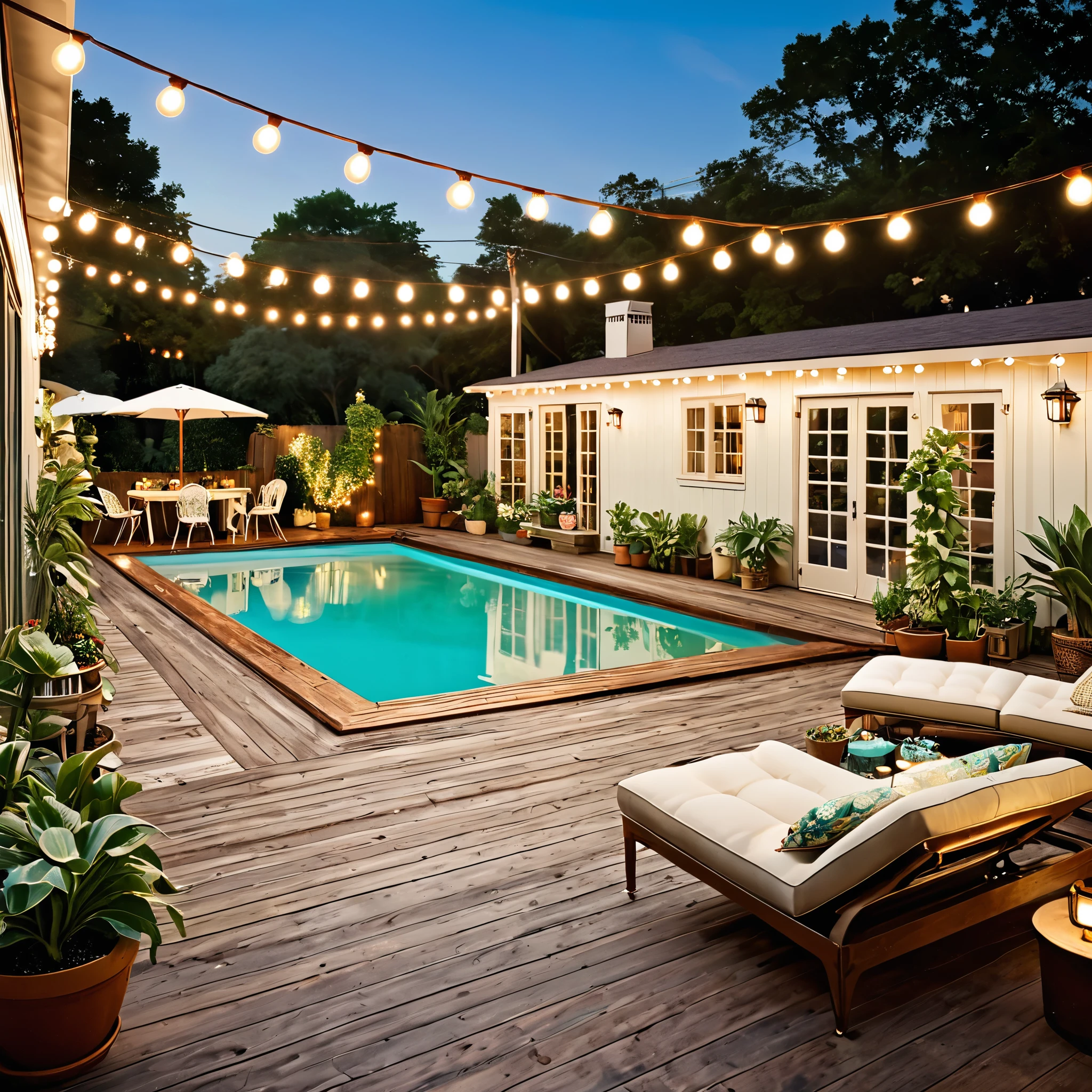 Generate a vintage-inspired outdoor space featuring a retro swimming pool. The setting should include a container home with a vintage aesthetic. Decorate with string lights for an old-world charm, vintage-style furniture for seating and dining, and various potted plants around the pool area. The pool should have clear, reflective water with classic lighting, and the overall atmosphere should be nostalgic and tranquil, blending modern comfort with vintage style.