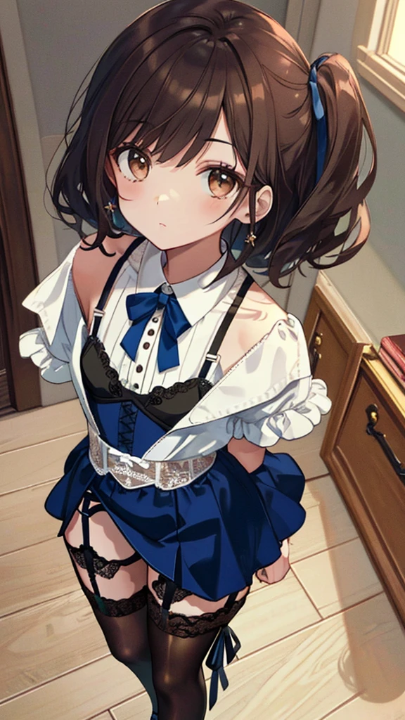 ((masterpiece)), ((best quality)), ((ultra detailed)), ((kawaii)), cute, (lovely), ((extremely detailed)), ((8K)), (beautiful), full body, luxury room, a cute girl, 1girl, solo, blue mini camisole dress,beautiful darkbrown hair, ((detailed beautiful brown eyes)), white-skinned, flat breast, tiny breast, garter belt,(garter stockings:1.4),pink eyeshadow,(standing:1.4),full body