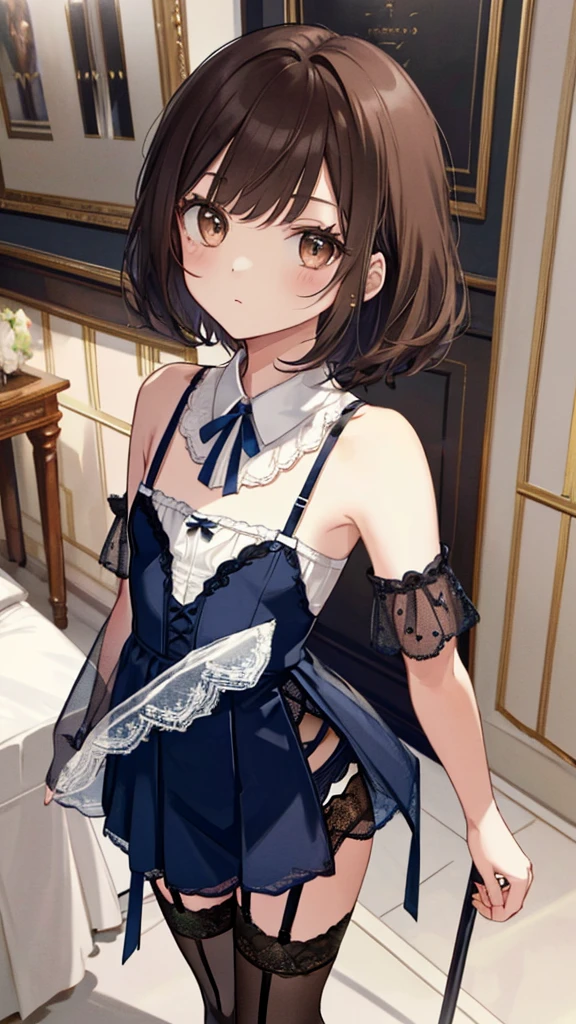 ((masterpiece)), ((best quality)), ((ultra detailed)), ((kawaii)), cute, (lovely), ((extremely detailed)), ((8K)), (beautiful), full body, luxury room, a cute girl, 1girl, solo, blue mini camisole dress,beautiful darkbrown hair, ((detailed beautiful brown eyes)), white-skinned, flat breast, tiny breast, garter belt,(garter stockings:1.4),pink eyeshadow,(standing:1.4),full body