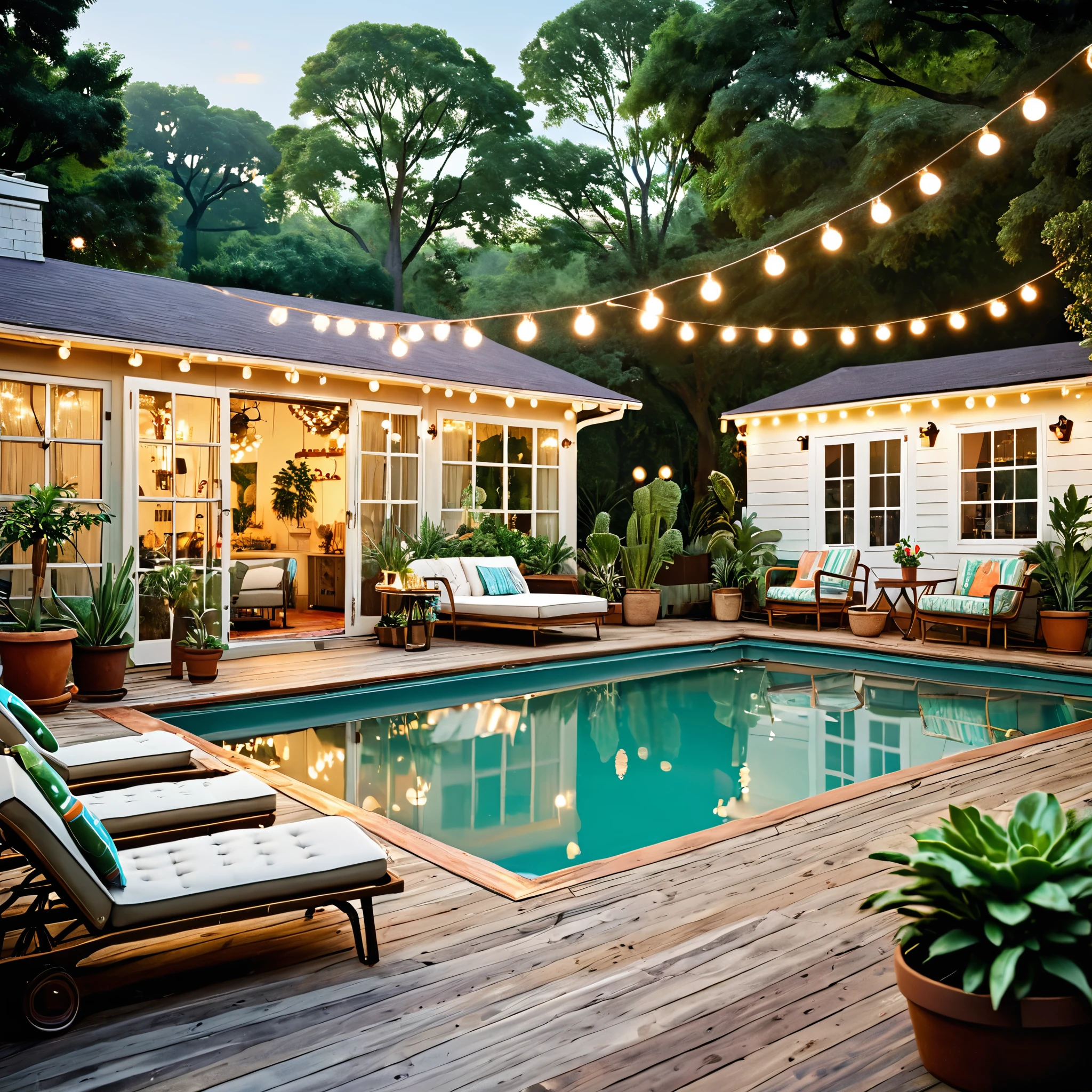 Generate a vintage-inspired outdoor space featuring a retro swimming pool. The setting should include a container home with a vintage aesthetic. Decorate with string lights for an old-world charm, vintage-style furniture for seating and dining, and various potted plants around the pool area. The pool should have clear, reflective water with classic lighting, and the overall atmosphere should be nostalgic and tranquil, blending modern comfort with vintage style.