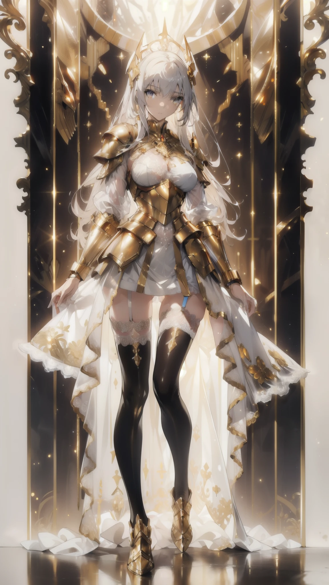 ((masterpiece, best quality)), Delicate face，Golden priest in armored suit，whole body，Standing picture，Long legs，natural breast，Perfect body proportions，Pretty golden eyes，Extremely beautiful，transparent， Pure white background，Erotic_lingerie，sexly_比基尼，Lace，Garter stockings