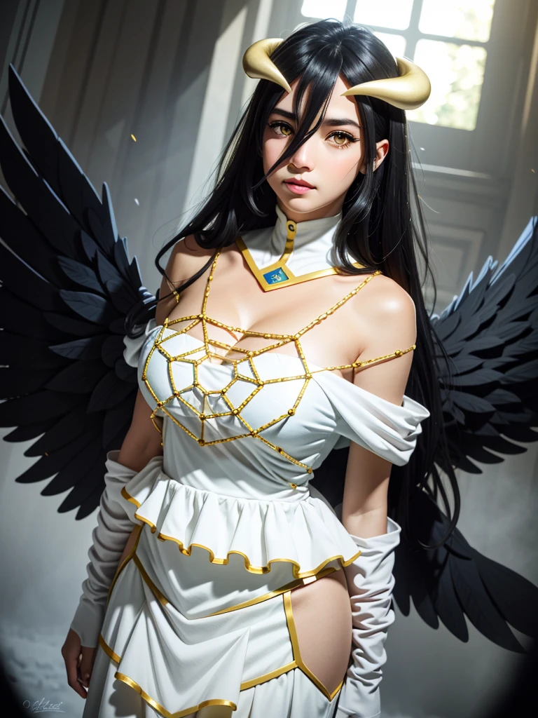 Masterpiece, Best quality, Ultra-detailed, illustration, epic lighting, Cinematic composition, isometry,(hexagons:1.2), 1girll, Horns, Solo, Yellow eyes, Black hair, Long hair, (Low wing:1.2), Large cleavage, Bare shoulders, hair between eye, Medium breasts, (White dress:1.1), Golden decoration, Detached collar, view the viewer, Semi-closed Eyes, (view the viewer:1.1), parted lip, Blush, Black feathers fall, Arena, particle fx, (8K:1.1)