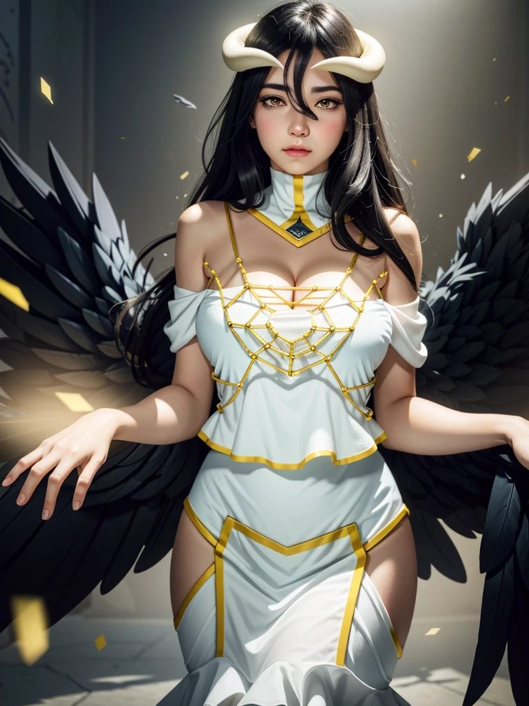 Masterpiece, Best quality, Ultra-detailed, illustration, epic lighting, Cinematic composition, isometry,(hexagons:1.2), 1girll, Horns, Solo, Yellow eyes, Black hair, Long hair, (Low wing:1.2), Large cleavage, Bare shoulders, hair between eye, Medium breasts, (White dress:1.1), Golden decoration, Detached collar, view the viewer, Semi-closed Eyes, (view the viewer:1.1), parted lip, Blush, Black feathers fall, Arena, particle fx, (8K:1.1)