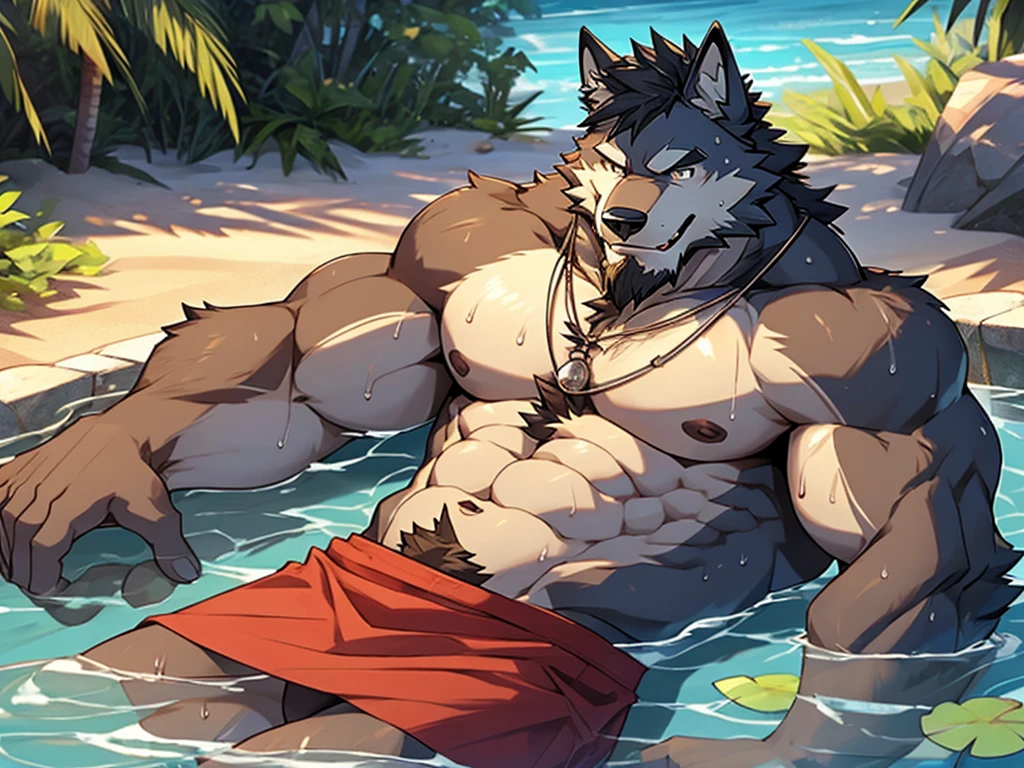 muscular male, male, tired man, 1man, solo, male focus, posing, stomach, abs, biceps, furry, wolf, wolf ear, tail, thick eyebrows, beard, pubic hair, navel hair, pond, beach, shirtless, skirt, necklace, looking at viewer, smiling, gentlemen, hairy man, hairy, sweating, sweat, wet, lying in water, glistening, stomach, mature male, male