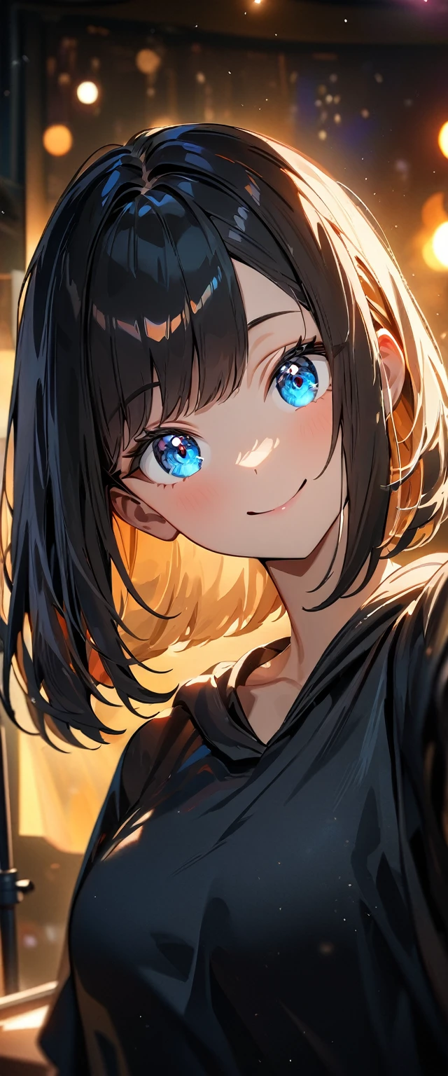 (((One girl))), golden hair, bob cut, (upper body), face in focus, (looking at viewer), breasts, ager, head tilt:1.3, (((blue eye))), (from side), selfie, reaching, ((happy smile)), black hoodie:1.3, black shorts:1.3, anime style, (best quality, 4k, 8k, highres, masterpiece:1.2, ultra-detailed, ultra-detailed eyes, HDR, UHD, studio lighting, ultra-fine painting, sharp focus, physically-based rendering, extreme detail description, professional, vivid colors, bokeh)