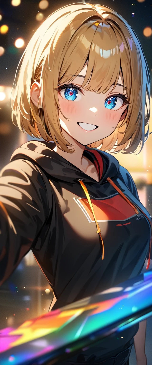 (((One girl))), blond hair, bob cut, (cowboy shot), (looking at viewer), ((Light dark blue sweater:1.3、Quite thick shoulder straps、Roll up your sleeves and stick your arms out)), face in focus, teenager, head tilt:1.3, (((blue eye))), ((happy smile)), ((blush)), contrapposto, one hand on hip, black panties, anime style, (best quality, 4k, 8k, highres, masterpiece:1.2, ultra-detailed, ultra-detailed eyes, HDR, UHD, studio lighting, ultra-fine painting, sharp focus, physically-based rendering, extreme detail description, professional, vivid colors, bokeh)