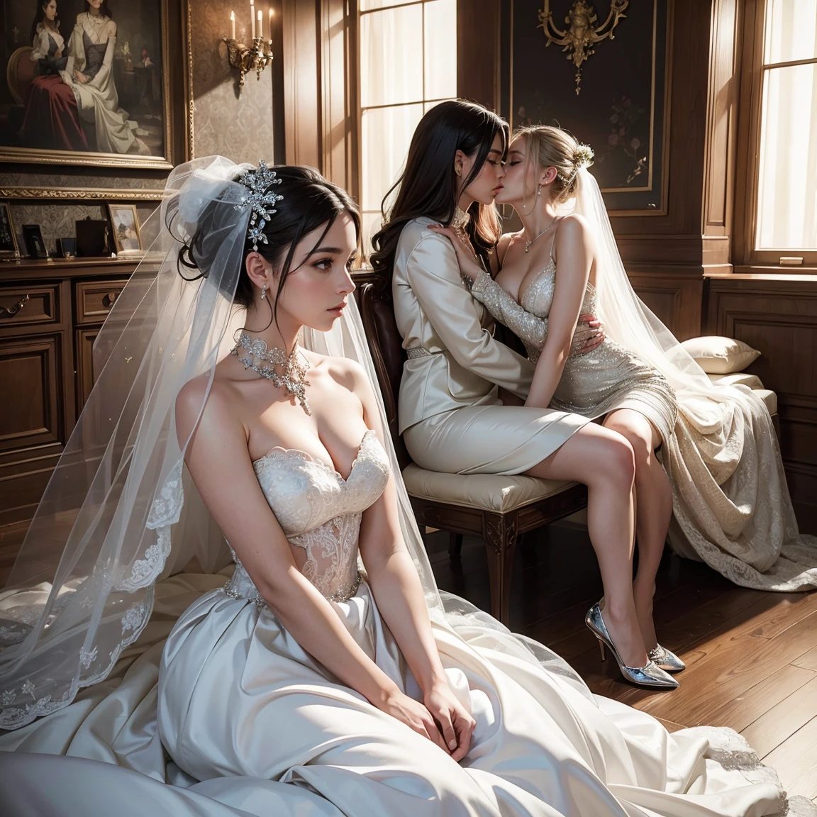 (masterpiece, highest quality, official art, beauty and aesthetic), two stunning bride is deeply in love with each other, kiss