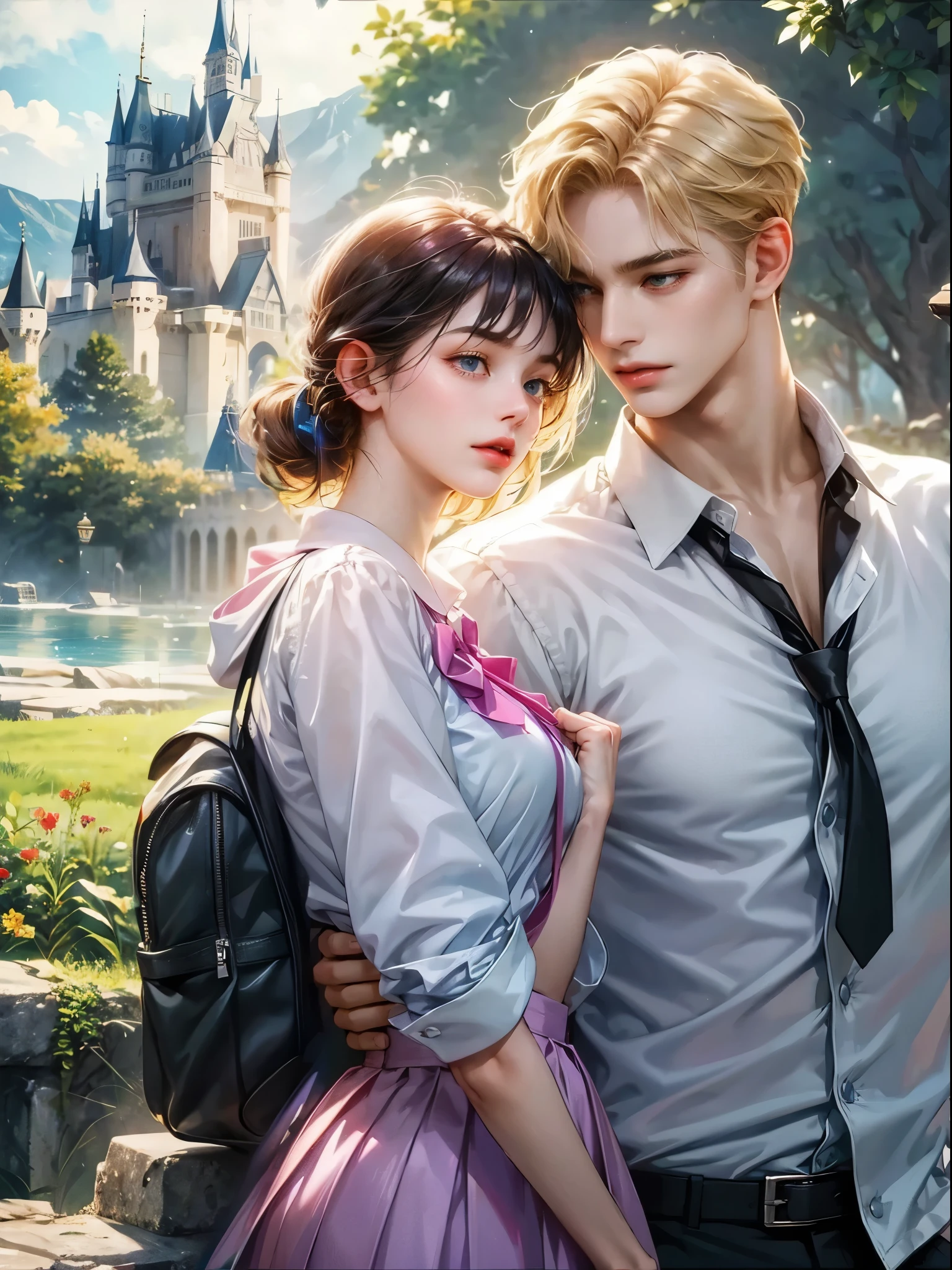 Delated the part selected. The girl has on her shoulders a backpack. Background the landscape