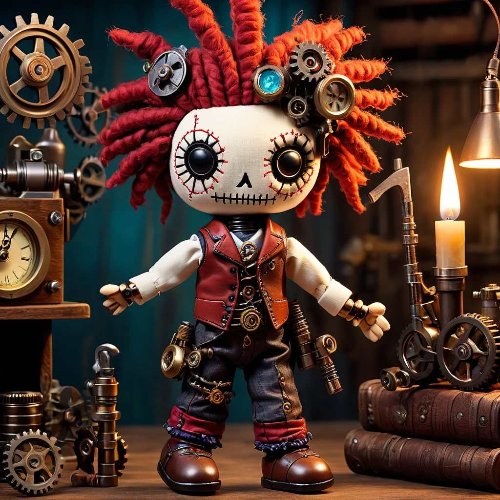 (knitted toy voodoo doll:1.7), (Voodoo Mechanical Master:1.8), (Clothing: steampunk attire with gears and cogs:1.0), (Accessories: mechanical arm, brass goggles, steam-powered contraptions:1.2), (Background: industrial workshop with whirring machines and billowing steam:1.2), (full body:1.0), best quality, masterpiece, detailed soft oil painting, detailed background, dramatic cinematic lighting, soft edge lighting, professional, dramatic lighting, hard edge lighting, ultra quality, 4k, masterpiece, best quality, 8k, ultra high definition, high resolution, extremely detailed