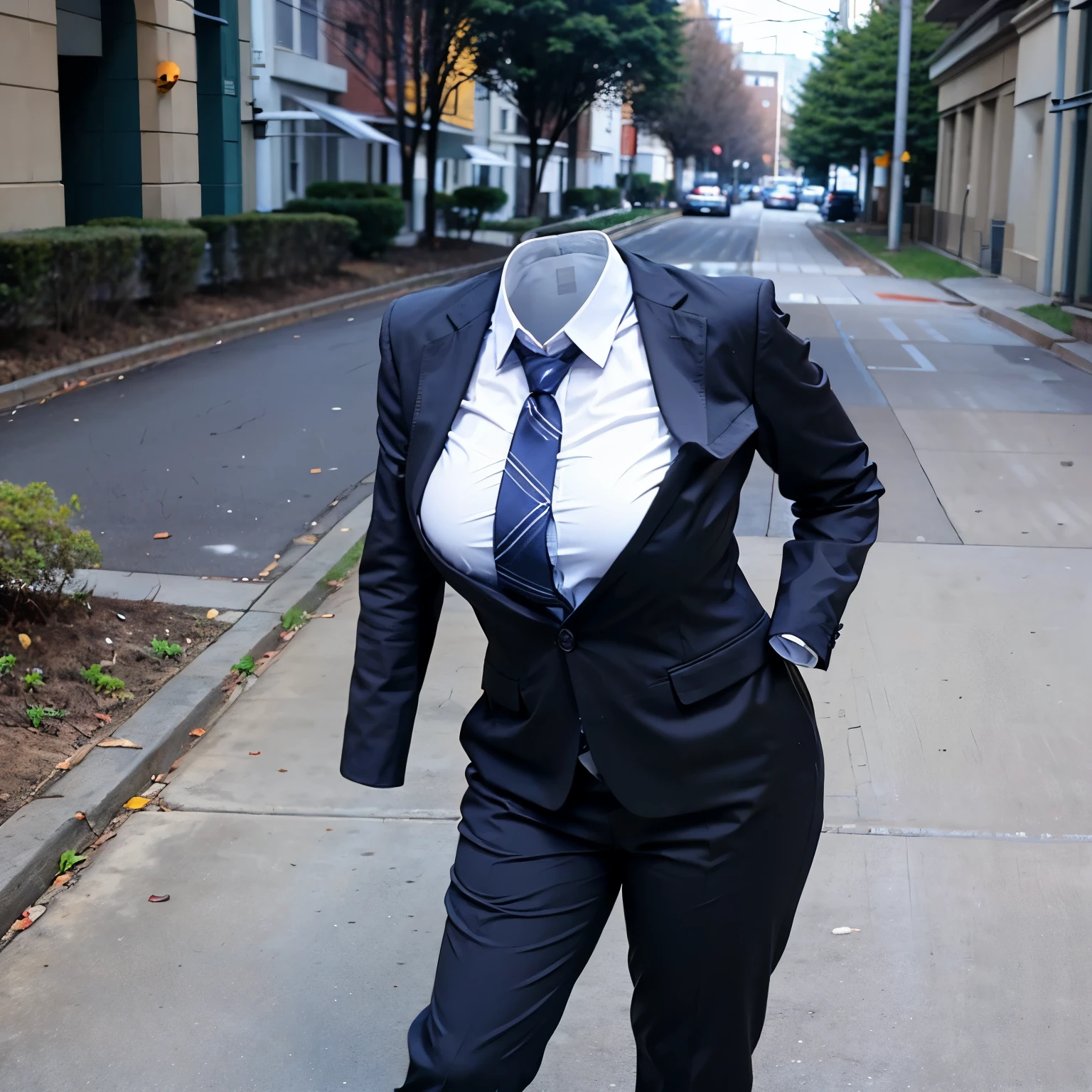 leaning forward, school blouse, pants suit style, stripe tie, fat, cute big breasts, (invisible, no human, headless, handless:1.5)