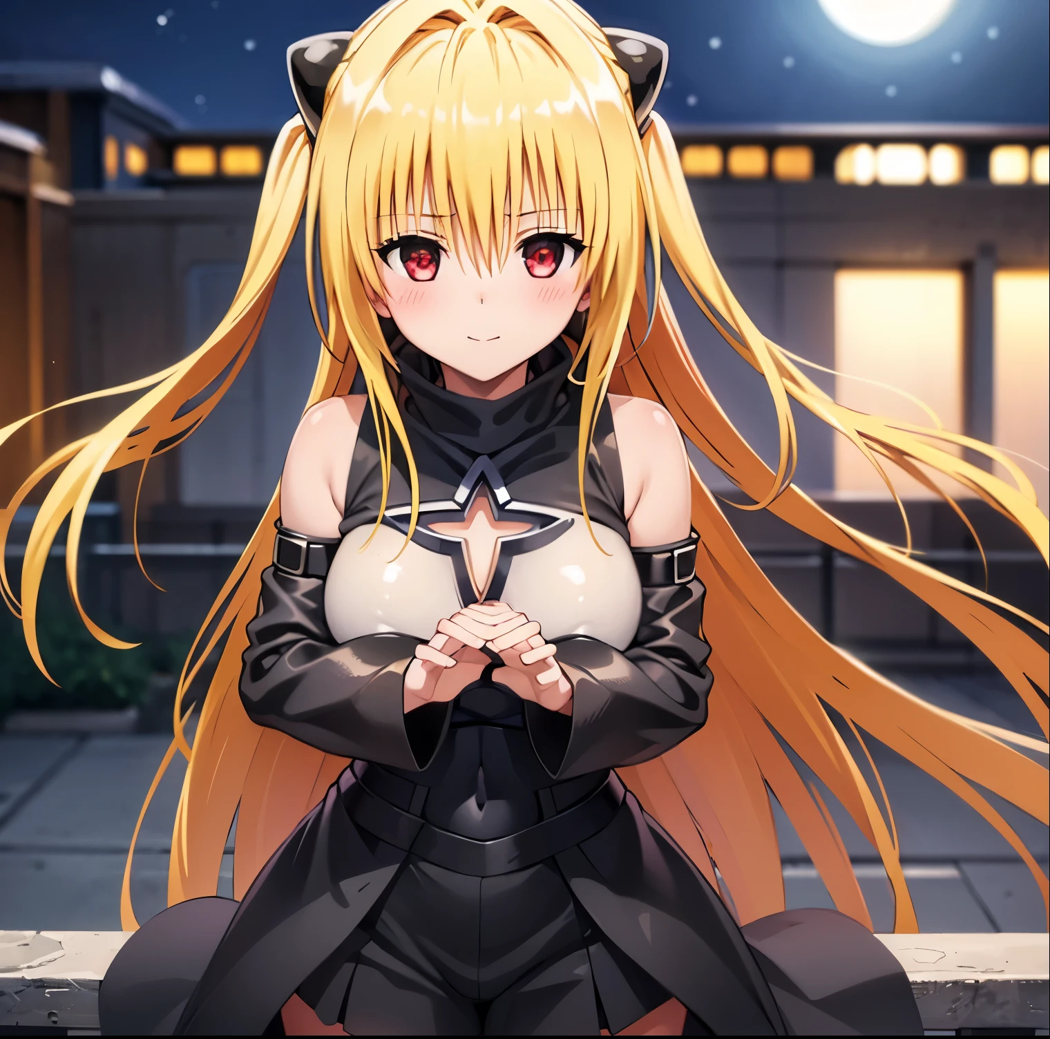 (1girl),(alone), konjiki no yami, (alone), long hair, taiyaki, blonde hair, hairpins, red eyes, very long hair, hair shots, looking at viewer, medium breasts, narrow waist, wide hips, wide thighs, round butt, leaning forward, hair between eyes, blush, hair ornament, two sides up, bangs, cowboy shot, dynamic stance, ultra detailed, detailed eyes, sharp focus, masterpiece, stoic expression ,blushing,bare shoulders, standing, outdoors, roof, cityscape, building, railing, night, night sky, stage, moon, city lights, blushing, lipstick, masterpiece, best quality, highly detailed, necklace with a cross, navel cutout, exposed navel, cleavage, long sleeves, jumpsuit, unzip jumpsuit, black gloves, smile, holding a gun, Pistol, Pistol, perfect hands, perfect anatomy, floating hair, to love- ru, looking forward,((focus on breasts,pov(from above), perfect anatomy,perfect hands