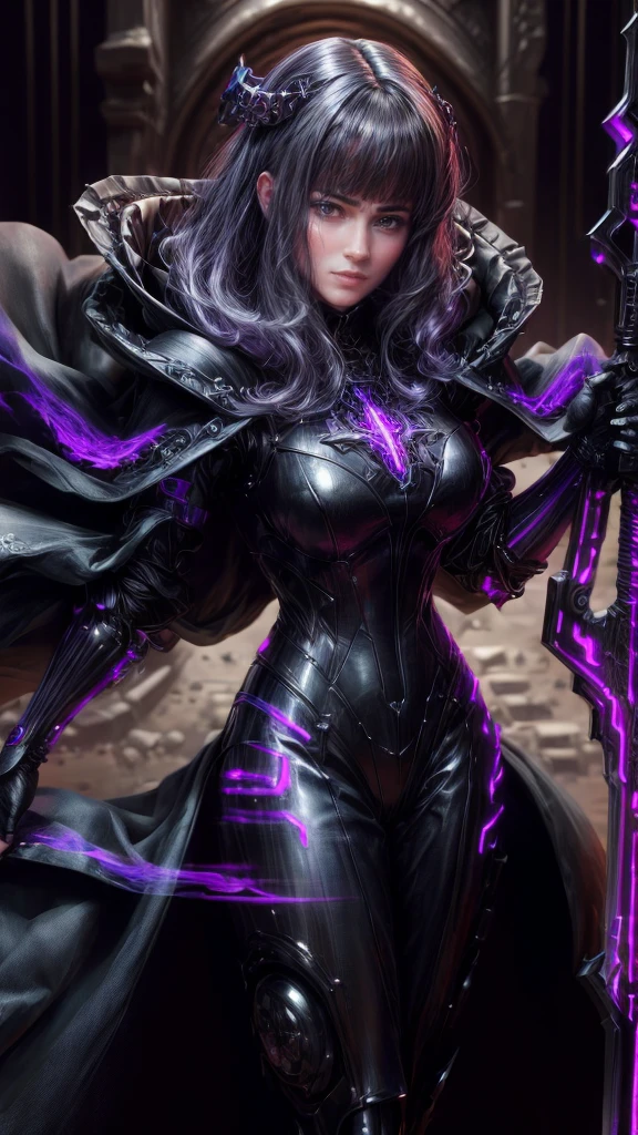 an armor, with a diamond-shaped crystal that sits in the middle of her chest. The armor is violet in color with a metallic shine., and Mordekaiser-style armor, something rough and dark lord style