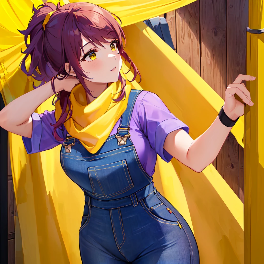 mavis ( a picture of a woman in a hat and overalls, abigail from stardew valley, high res, madeline from celeste, thic, safe for work, oc commission, sfw version, blue, full body:: sunny weather:: long brown hair Red shirt )
 and shellyBS ( woman, purple hair, ponytail, yellow hairclip, dark skin, bandaid on face, yellow scarf, purple shirt, short sleeves, blue pants, thicc )
 kissing 