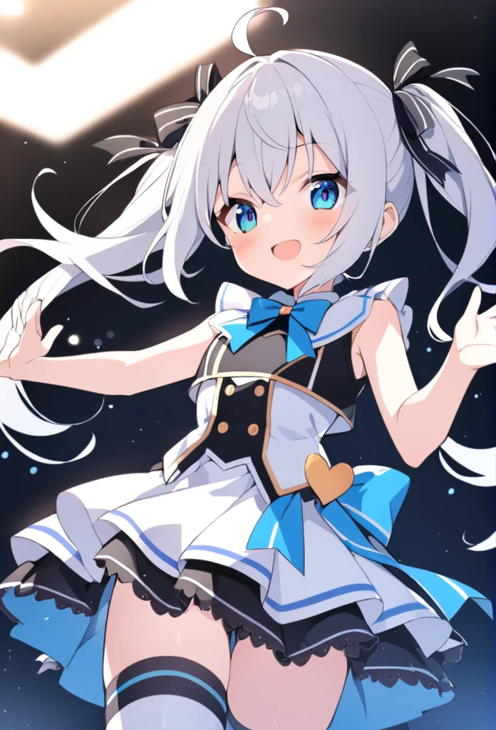 1 girl, cute, young, white hair, twintail, blue eyes, idol costume, thigh high,