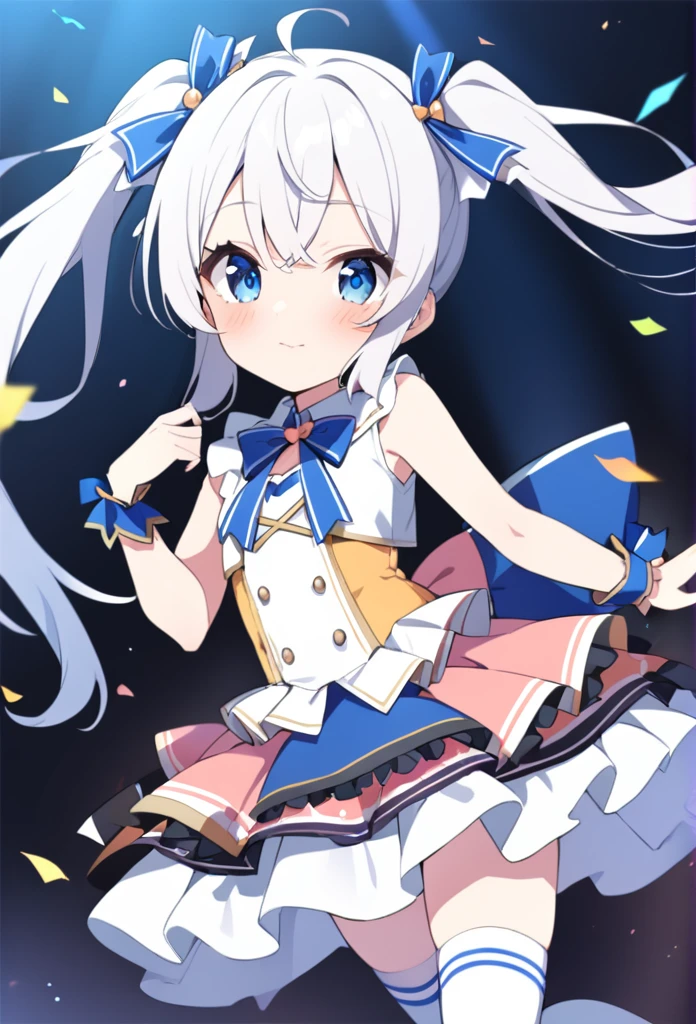 1 girl, cute, young, white hair, twintail, blue eyes, idol costume, thigh high,