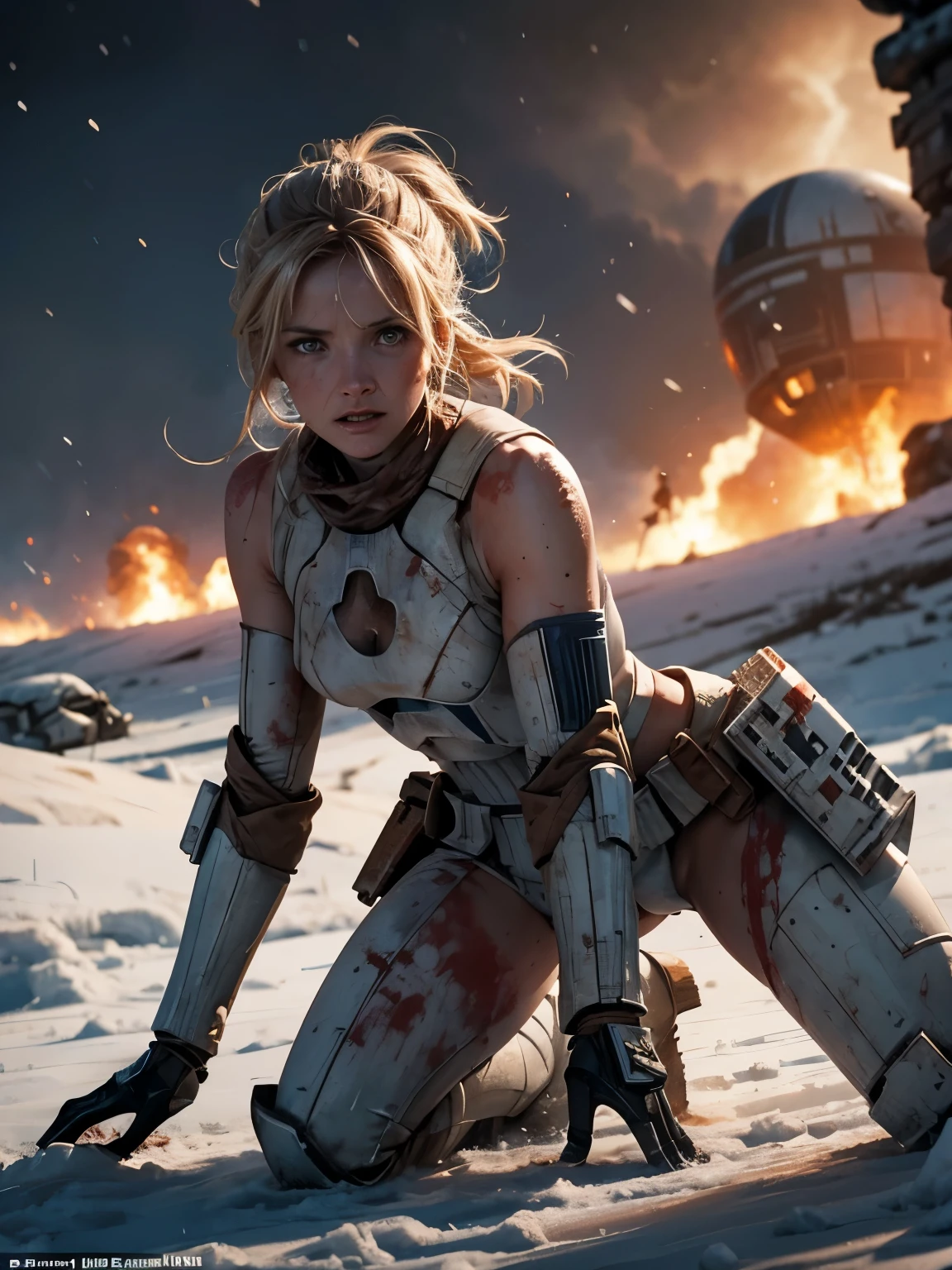 Helen Skelton, Star Wars, close-up action shot from ground level, naked Clone Trooper on Geonosis, naked, swearing, sweating, damp hair, bloodied, on a bloody battlefield, snow, explosion, fires