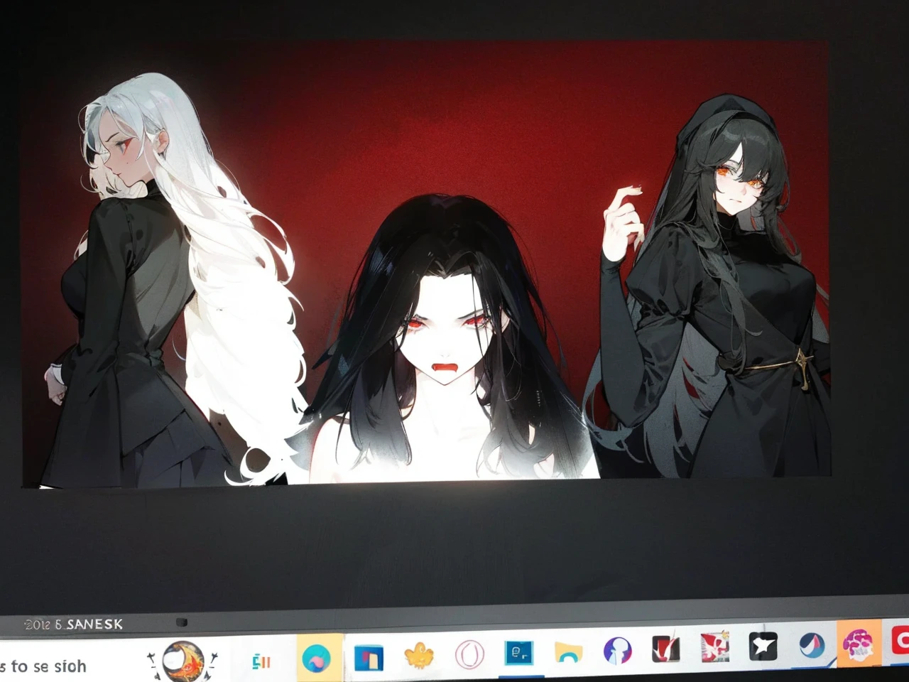Make an anime poster, has 4 women in it, on the left side a classy dressed beauty with only the colors red and white, has an angelic presence but a demonic personality, she wears a hat on her head and a long mature gown. On the middle, a millitary general with black and white hair, and a blindfold covering her eyes. Behind her in the back, a woman faded in the background, only her eyes red Phoenix can be seen. Finally at the very right side a nun with a blindfold and a church nun fantasy black dress, holding her hands together symbolizing a prayer gesture.