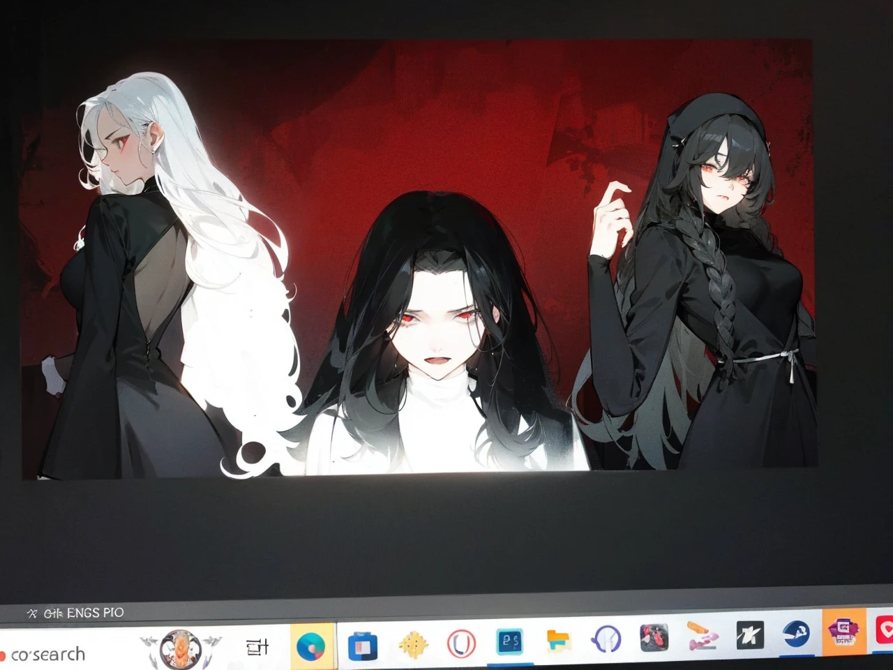 Make an anime poster, has 4 women in it, on the left side a classy dressed beauty with only the colors red and white, has an angelic presence but a demonic personality, she wears a hat on her head and a long mature gown. On the middle, a millitary general with black and white hair, and a blindfold covering her eyes. Behind her in the back, a woman faded in the background, only her eyes red Phoenix can be seen. Finally at the very right side a nun with a blindfold and a church nun fantasy black dress, holding her hands together symbolizing a prayer gesture.