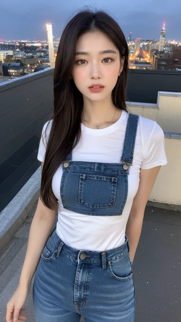 ((midnight, best quality, 8K, masterpiece :1.3)), whole body, Long legs, Clear focus :1.2, Beautiful woman with perfect body :1.4, Slim abdominal muscles :1.1, ((Dark brown hair, Large Breasts :1.2)), (White Tight Tee, Overalls Jeans, permanent:1.2), ((City night scene, roof:1.3)), Highly detailed face and skin textures, Delicate eyes, Double eyelids