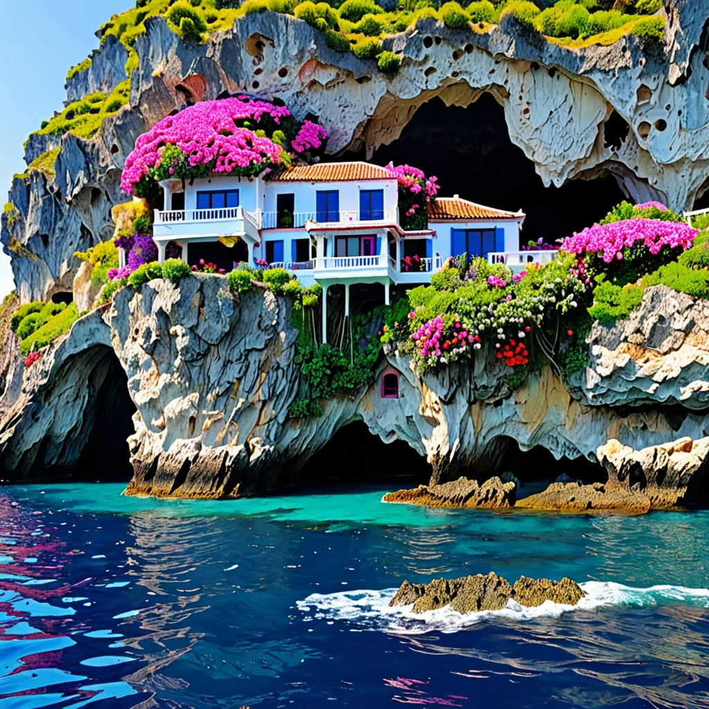 View from the sea to a cave house touching the sea and adorned with predominantly pink, red, black, blue, white, purple, and yellow flowers hanging over it.