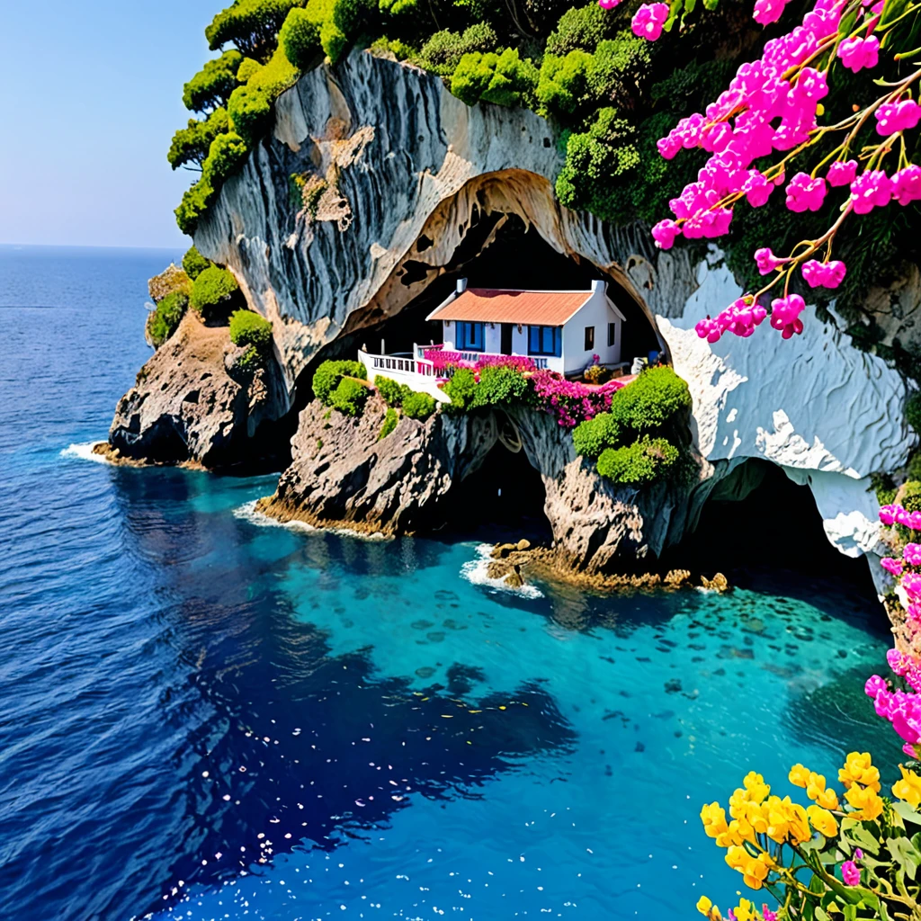 View from the sea to a cave house touching the sea and adorned with predominantly pink, red, black, blue, white, purple, and yellow flowers hanging over it.