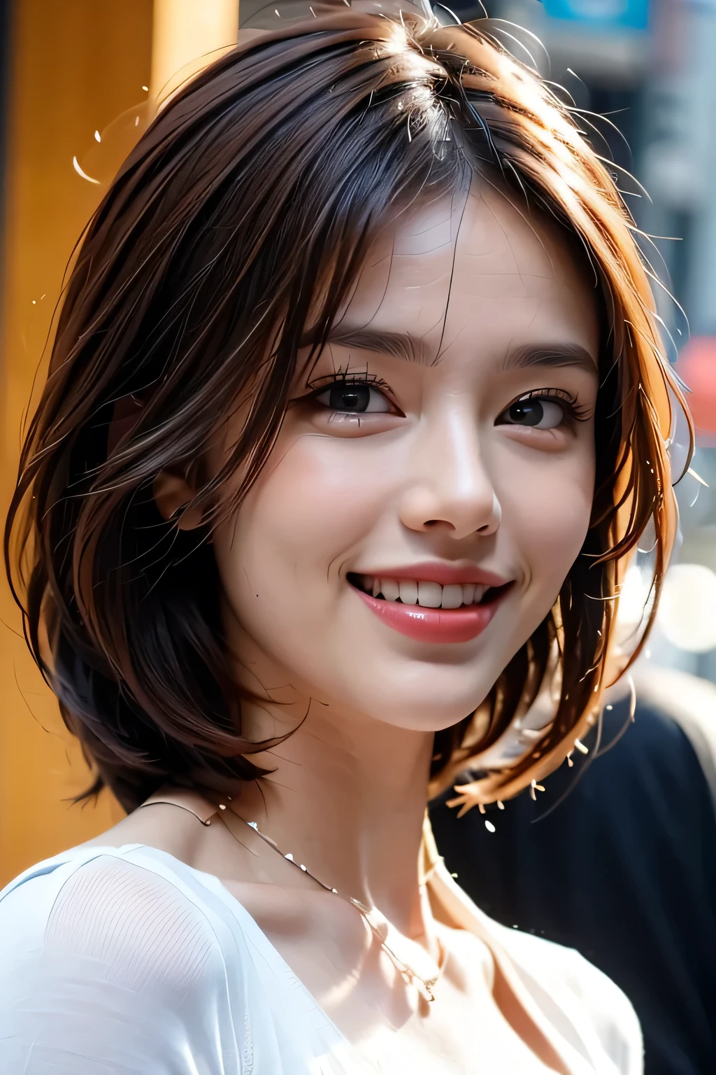 (8K, RAW Photos, Highest quality, masterpiece, Realistic, Realistic), (1 female), (The ultimate beautiful mature woman), Highly detailed face, (Perfect Teeth), Beautiful Eyes, double eyelid, eyelash, ((smile)), Lip details, (Neat brunette bob), The light shines on your face, Big Breasts, ((T-Shirts)), (Upper Body), ((background: none))