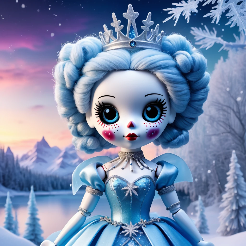 (knitted toy voodoo doll:1.7), (Voodoo Ice Sorceress:1.3), (Clothing: flowing ice-blue gown with frosty accents, crystal-encrusted corset:1.0), (Accessories: ice scepter, snowflake tiara, frosty crystal ball:1.2), (background: icy landscape with frozen lakes and snow-covered trees, auroras lighting up the sky:1.2), best quality, masterpiece, detailed soft oil painting, detailed background, dramatic cinematic lighting, soft edge lighting, professional, dramatic lighting, hard edge lighting, ultra quality, 4k,masterpiece, best quality, 8k, ultra highres, highres, extremely detailed
