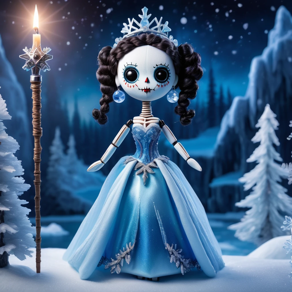 (knitted toy voodoo doll:1.7), (Voodoo Ice Sorceress:1.3), (Clothing: flowing ice-blue gown with frosty accents, crystal-encrusted corset:1.0), (Accessories: ice scepter, snowflake tiara, frosty crystal ball:1.2), (background: icy landscape with frozen lakes and snow-covered trees, auroras lighting up the sky:1.2), best quality, masterpiece, detailed soft oil painting, detailed background, dramatic cinematic lighting, soft edge lighting, professional, dramatic lighting, hard edge lighting, ultra quality, 4k,masterpiece, best quality, 8k, ultra highres, highres, extremely detailed