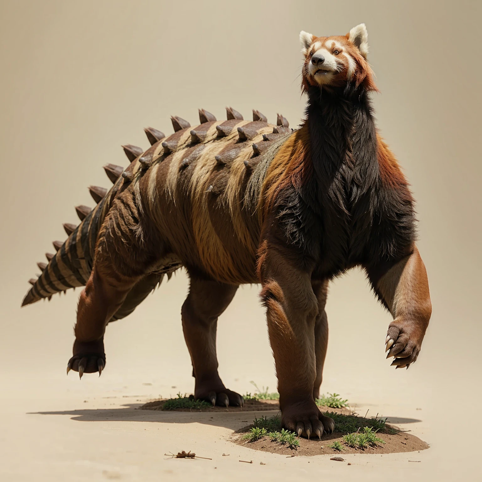 Big Animaly, has grees stripes on his skin, reds eyes, red panda mixed with stegosaurus, Grassroots, no background