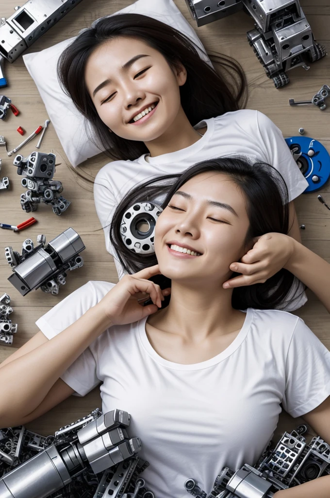 a young chinese women, cry while smile, furrowed eyebrows, closing eyes, face facing upwards. wear a white t-shirt. captured from above high angle. (lying in a pile of robot parts), a hands holding her shoulders