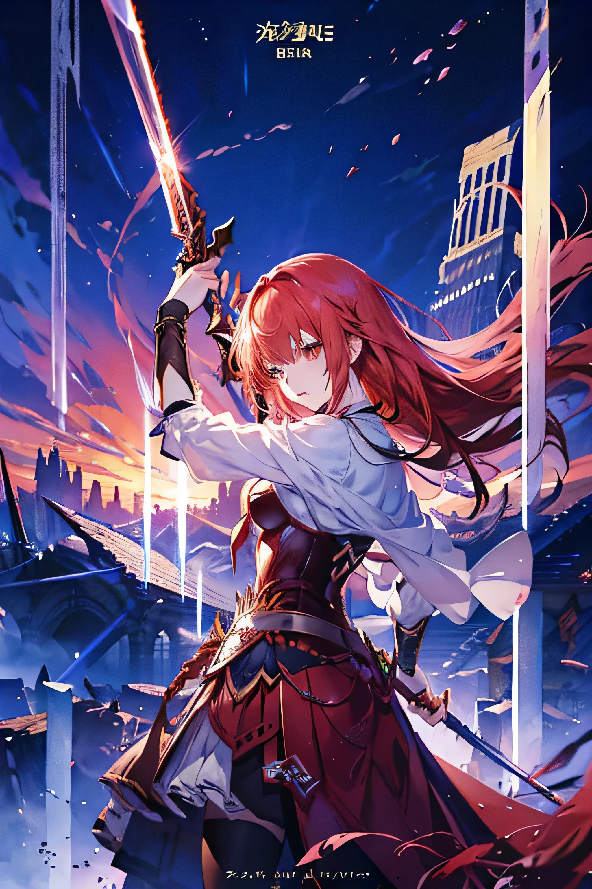Anime girl holding a sword attacks the audience, Beautiful fantasy anime, high detailed official art works, Red-haired god, Shadowverse Style, Anime Goddess, Night Core, Detailed key animation art, official art works, Brave Goddess Masterpiece, Anime fantasy illustration, Detailed digital anime art, Epic Light Novel Cover Art, From《ARK Knight》Electronic games, Anime Fantasy Artwork