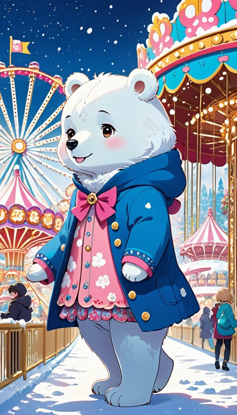 Anime art style: The scene is rendered in the charming and intricate style of anime, with clean lines and vibrant colors that bring the fantasy world to life. A cute furry white bear: Wandering amidst the lively hustle and bustle of the amusement park, there stands a bear with a coat as pure as freshly fallen snow. Its fur, soft and fluffy, is speckled with delightful pink details, adding a playful touch to its otherwise ethereal appearance. Dressed in a blue outfit: The bear is dressed in a stylish and unique ensemble, donning a beautiful blue outfit emblazoned with intricate designs of skulls and bones.