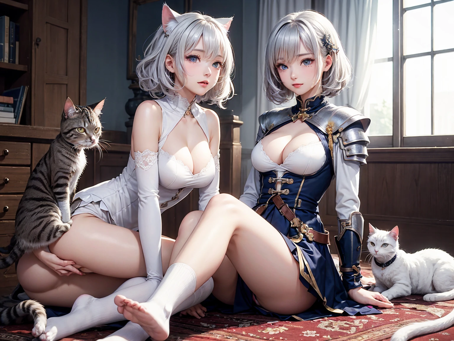 8K quality、High resolution、Cat-eared female knight、Love cats、bestiality、Realistic skin texture、、High resolutionの肌、Silver Hair、Short hair with curls、thin、Small and young breasts、Beautiful cleavage、blue eyes、thin脚、Mole on mouth、、Full Body Shot、White knight uniform with open legs、Light clothing、Cats snuggling、A cat thrusts its genitals into a woman&#39;s crotch