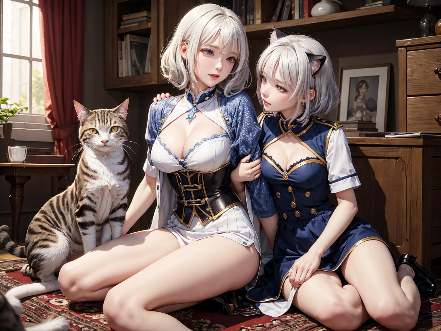 8K quality、High resolution、Cat-eared female knight、Love cats、bestiality、Realistic skin texture、、High resolutionの肌、Silver Hair、Short hair with curls、thin、Small and young breasts、Beautiful cleavage、blue eyes、thin脚、Mole on mouth、、Full Body Shot、White knight uniform with open legs、Light clothing、Cats snuggling、A cat thrusts its genitals into a woman&#39;s crotch