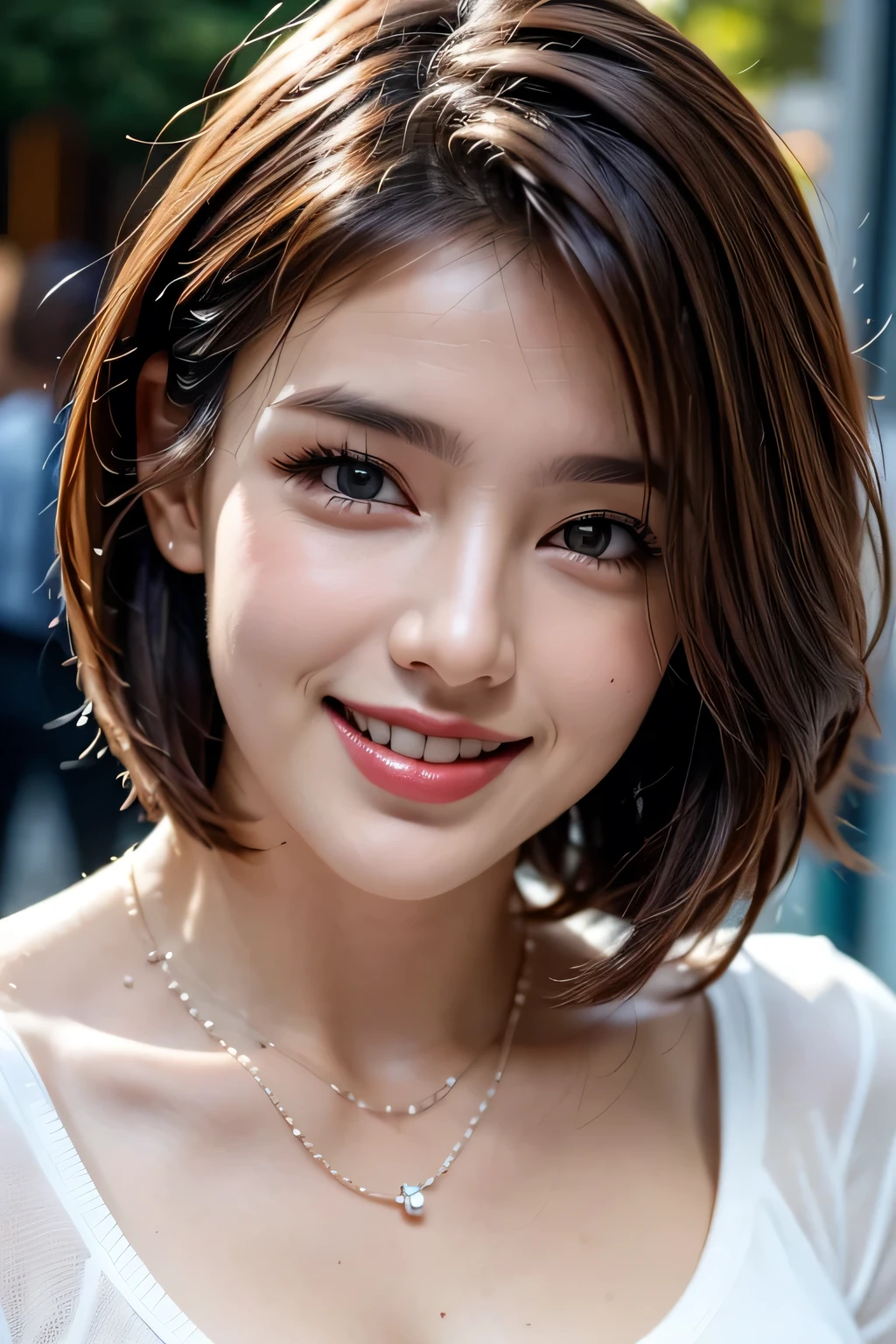 (8K, RAW Photos, Highest quality, masterpiece, Realistic, Realistic), (1 female), (The ultimate beautiful mature woman), Highly detailed face, (Perfect Teeth), Beautiful Eyes, double eyelid, eyelash, ((smile)), Lip details, (Neat brunette bob), The light shines on your face, Big Breasts, ((T-Shirts)), (Upper Body), ((background: none))