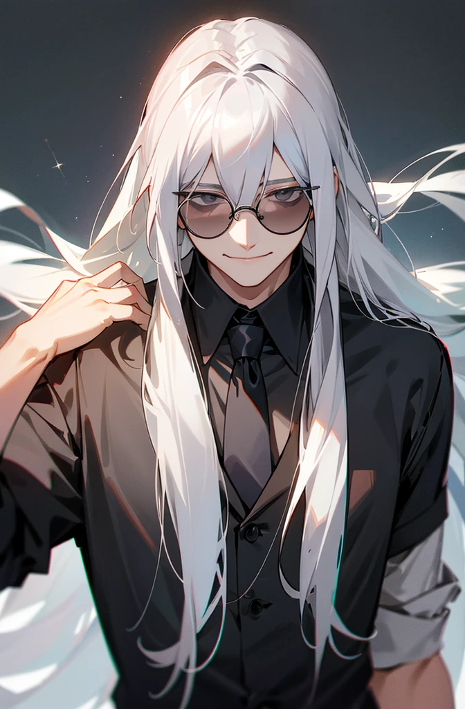 Long white hair, gray eyes, wears dark glasses, gray school shirt, wears a tie, man, has a smiley face.