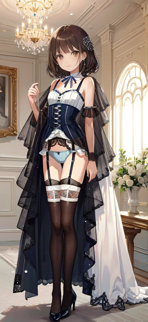 ((masterpiece)), ((best quality)), ((ultra detailed)), ((kawaii)), cute, (lovely), ((extremely detailed)), ((8K)), (beautiful), full body, luxury room, a cute girl, 1girl, solo, blue mini camisole dress,beautiful darkbrown hair, ((detailed beautiful brown eyes)), white-skinned, flat breast, tiny breast, garter belt,(garter stockings:1.4),pink eyeshadow,(standing:1.4),full body