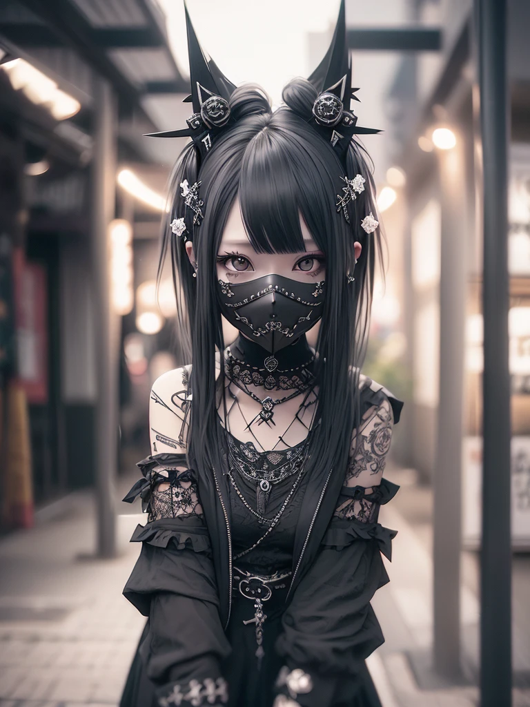 Highest quality、8K、masterpiece:1.3、Gothic Punk、The inside color is red、Black-haired、hair ornaments、Beautiful girl、creative、Dark Fantasy Style、Neogoth、Goth Fashion:1.2、High resolution、masterpiece、Highest quality、頭w:1.3、((Hasselblad Photos))、Fine skin、Sharp focus、(Cinematic lighting)、Realistic textured hair、((Black Mask)),Esbian all over、((View from below))