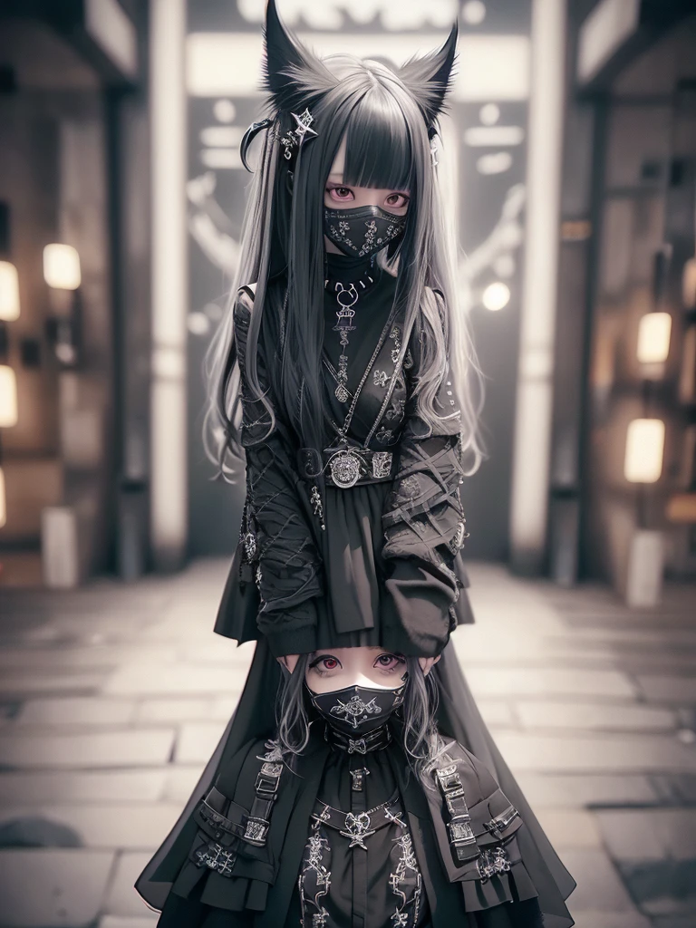 Highest quality、8K、masterpiece：1.3、Gothic Punk、The inside color is red、Black-haired、hair ornaments、Beautiful girl、creative、Dark Fantasy Style、Neogoth、Goth Fashion：1.2、High resolution、masterpiece、Highest quality、頭w:1.3、((Hasselblad Photos))、Fine skin、Sharp focus、(Cinematic lighting)、Realistic textured hair、((Black Mask)),Esbian all over、((View from below))