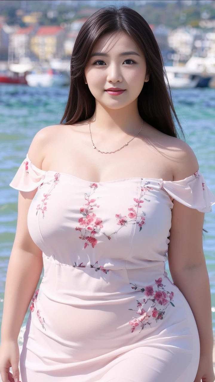 Beautiful fat woman standing by the sea