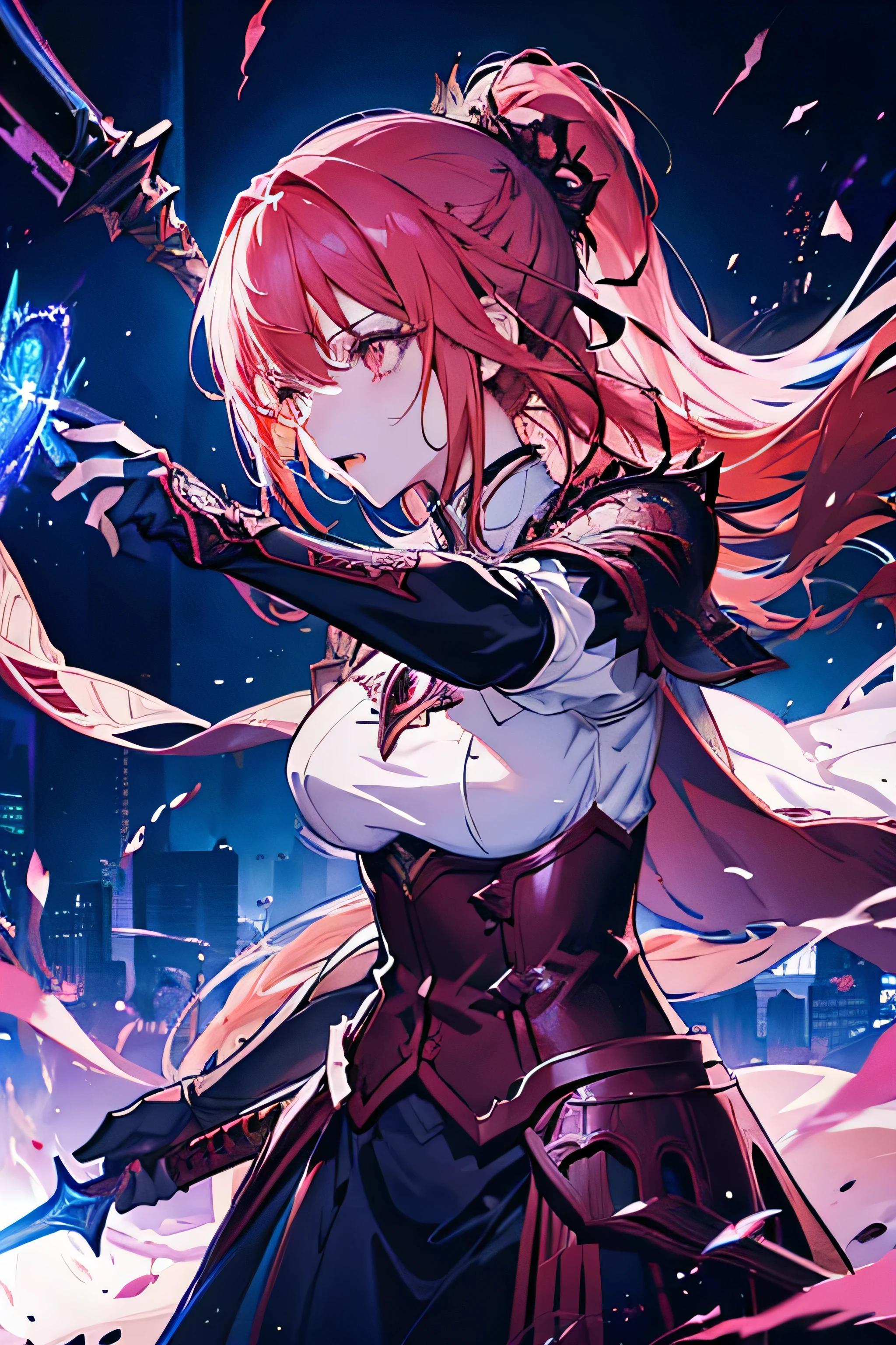 Anime girl holding a sword attacks the audience, Beautiful fantasy anime, high detailed official art works, Red-haired god, Shadowverse Style, Anime Goddess, Night Core, Detailed key animation art, official art works, Brave Goddess Masterpiece, Anime fantasy illustration, Detailed digital anime art, Epic Light Novel Cover Art, From《ARK Knight》Electronic games, Anime Fantasy Artwork