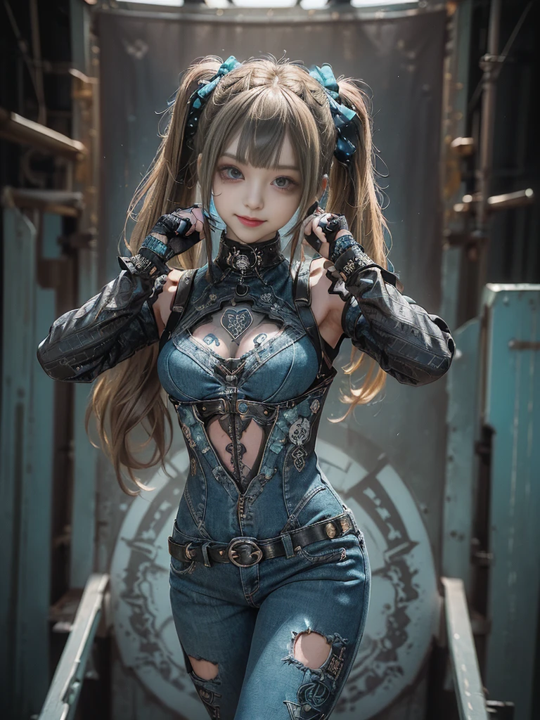 (Full Body View:1.4)、(Full body:1.3)、(Smiling with teeth showing:1.3),(Shibuya Gal:1.5)、(Gothic Lolita style fashion:1.5)、(Punk RockVisual Kei:1.5)、(Wearing a rhythmic gymnastics bodysuit with intricate details:1.4)、(Racing suit and pants with intricate turquoise, denim and charcoal decorations:1.5)、(Denim and light blue and turquoise boots:1.3)、((belt))、(Numerous delicate logo marks all over the costume:1.4)、(collar:1.3)、(Polka dot underwear:1.5)、20-year-old、NSFW、((Highest quality、In 8K、masterpiece:1.3))、Sharp focus:1.2、(Layered Cut、Huge boobs:1.1),Beautiful woman with perfect figure:1.4、(do a gravure pose:1.3)、Slender Abs:1.2、Highly detailed face and skin texture、Detailed eyes、double eyelid,(Twin tails:1.3)、(Brown-golden hair:1.3)、Gravure idol、(The background is the stage of the fashion show:1.3)、(Slim body:1.3),(Make your legs thinner:1.4),(clavicle:1.1)