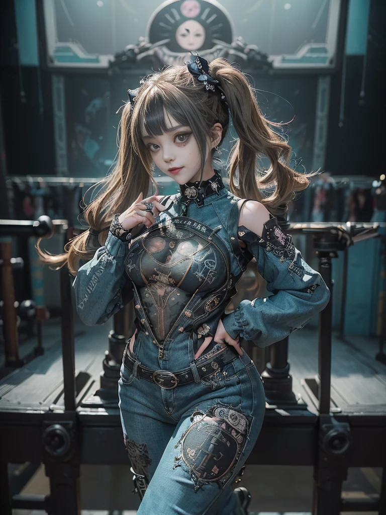 (Full Body View:1.2)、(Full body:1.3)、(Smiling with teeth showing:1.3),(Shibuya Gal:1.5)、(Gothic Lolita style fashion:1.5)、(Punk RockVisual Kei:1.5)、(Wearing a rhythmic gymnastics bodysuit with intricate details:1.4)、(Racing suit and pants with intricate turquoise, denim and charcoal decorations:1.5)、(Denim and light blue and turquoise boots:1.3)、((belt))、(Numerous delicate logo marks all over the costume:1.4)、(collar:1.3)、(Polka dot underwear:1.5)、20-year-old、NSFW、((Highest quality、In 8K、masterpiece:1.3))、Sharp focus:1.2、(Layered Cut、Huge boobs:1.1),Beautiful woman with perfect figure:1.4、(doing a gravure pose:1.3)、Slender Abs:1.2、Highly detailed face and skin texture、Detailed eyes、double eyelid,(Twin tails:1.3)、(Brown-golden hair:1.3)、Gravure idol、(The background is the stage of the fashion show:1.3)、(Slim Body:1.3),(Make your legs thinner:1.4),(clavicle:1.1)