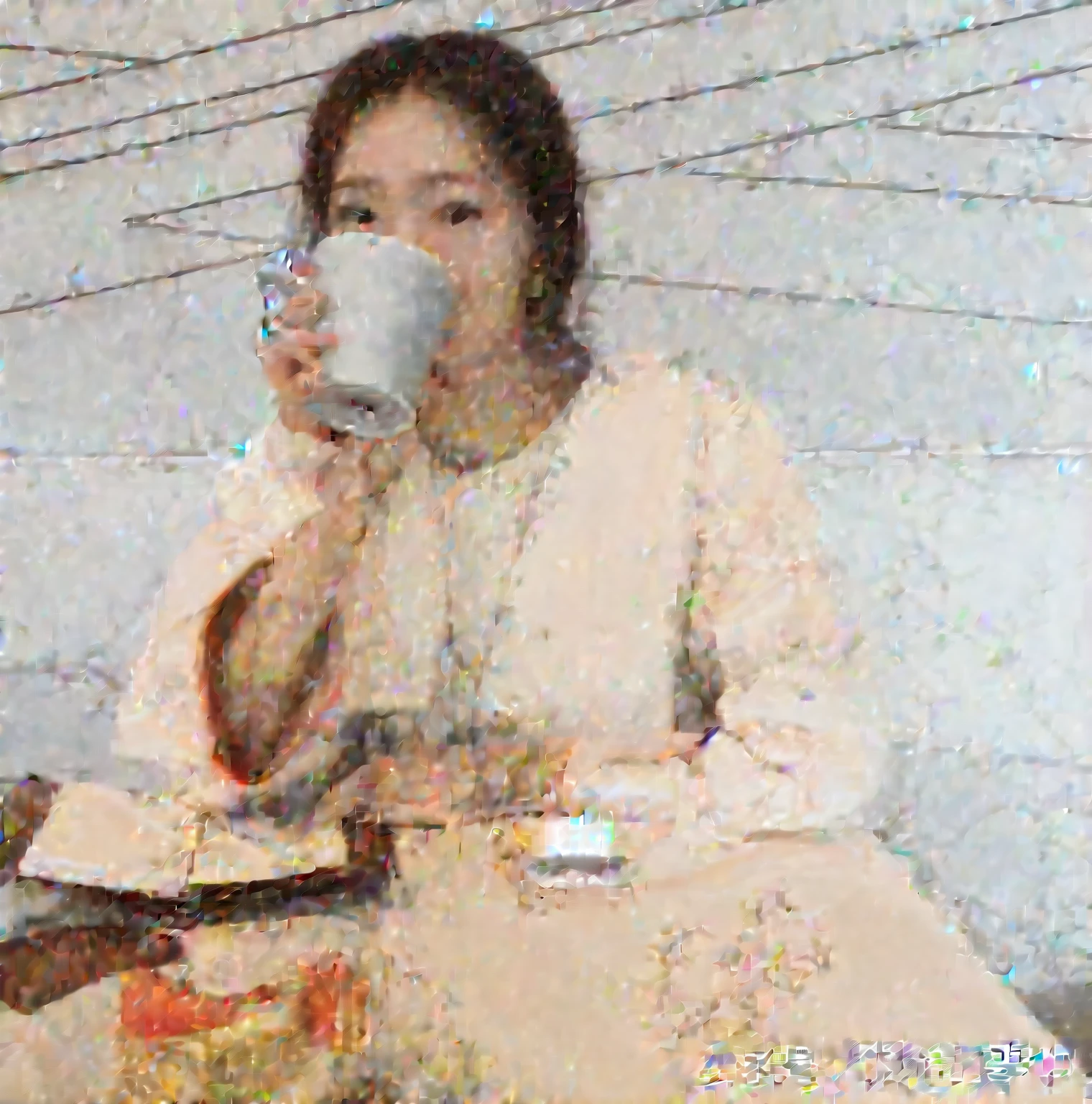 There is a woman sitting at the table,holding a cup of coffee in hand, xintong chen, lulu chen, wenfei ye, Louise Zhang, Jiama Chan, Chiho, chengyou liu, Zi Meng Zheng, li zixin, qifeng lin, gongbi, Xue Han, jinyiwei, mingchen shen, Wenjun Lin, xision wu