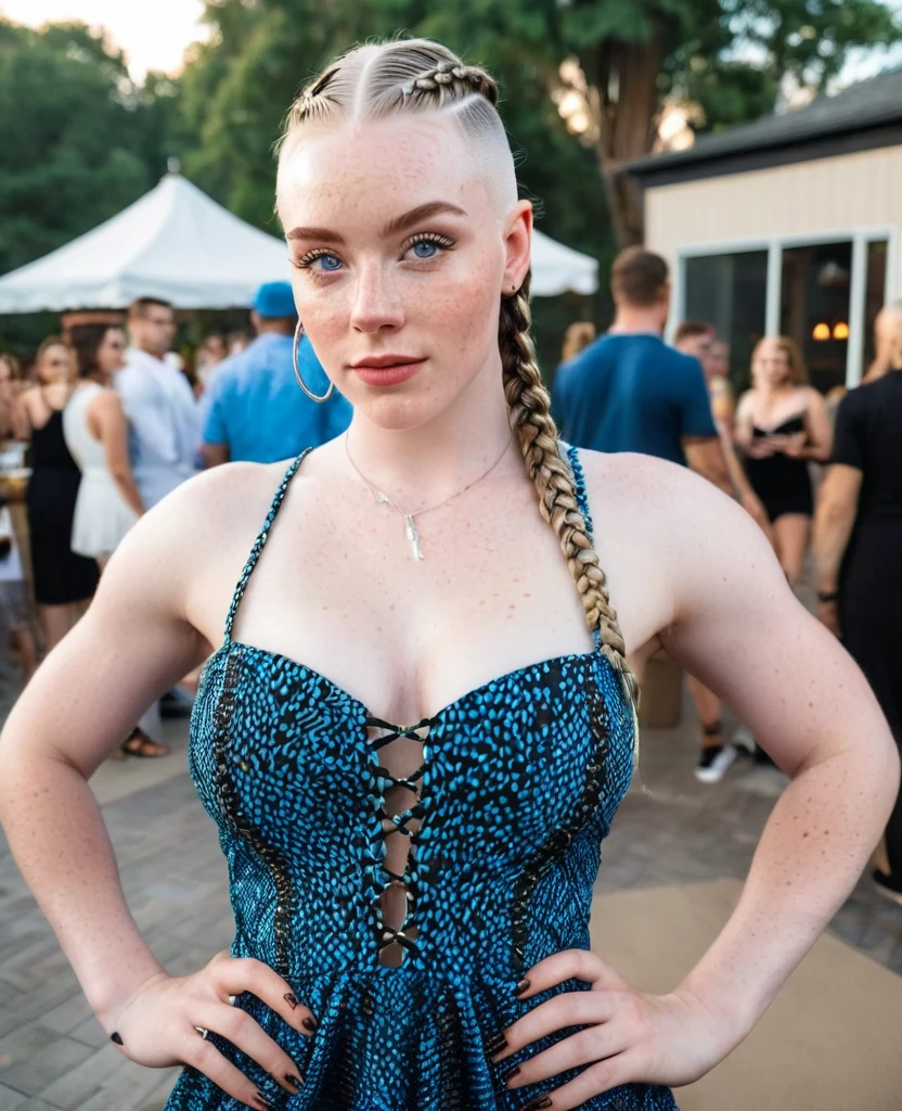 Muscular college girl with large breast and a large butt, blue eyes, pale skin and freckles with cornrow braids and both sides of her head shaved posing for a picture at an outdoor cocktail party wearing a long cocktail dress 