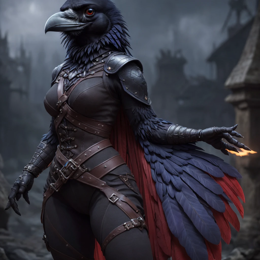 A detailed anthro raven halfling girl, piercing blue eyes, intricate rouge style outfit, dramatic shadows, atmospheric lighting, cinematic, highly detailed, (best quality,4k,8k,highres,masterpiece:1.2),ultra-detailed,(realistic,photorealistic,photo-realistic:1.37),dark feathers,dramatic lighting,fantasy, digital art, concept art, sharp focus, physically-based rendering, extreme detail description, professional, vivid colors, bokeh