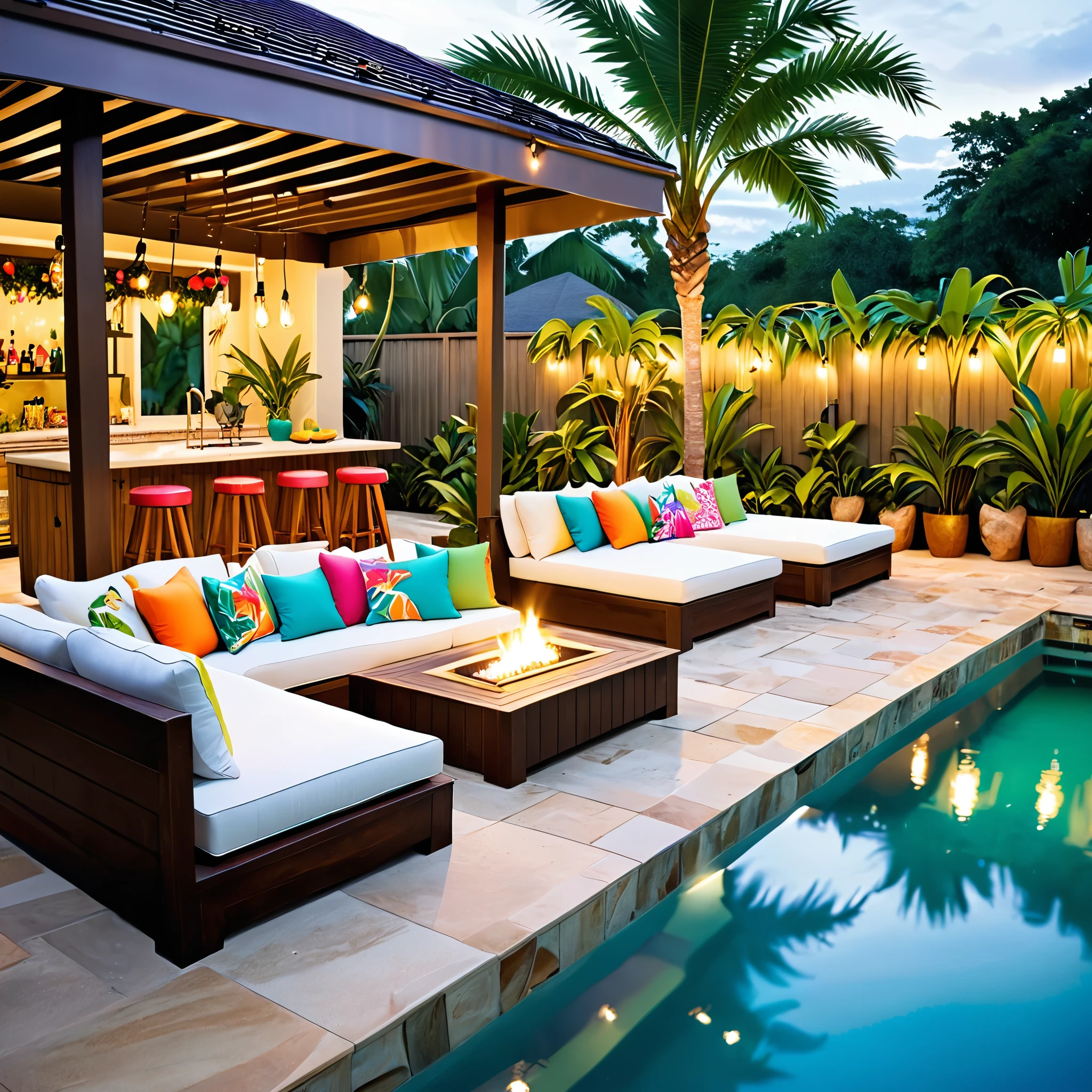 Create a tropical resort-style outdoor space with a swimming pool. The setting should feature a container bar with a vibrant and colorful design. Include string lights for a festive atmosphere, palm trees and lush greenery around the area, and comfortable seating with tropical-inspired cushions. The pool should have clear, inviting water with a sandy area nearby, creating a relaxing and exotic environment.