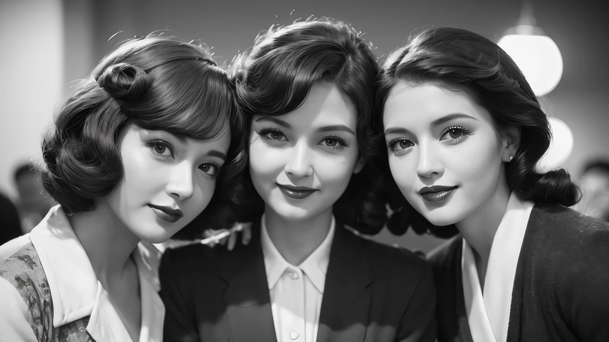 (1940s women:1.3), (1women:1.3), smile shyly, (highly detailed face), (extremely detailed beautiful face), (Early Showa hairstyle, retro hairstyle, 1940 fashionable clothing, oldies fashion:1.3), (Best Quality:1.4), (Ultra-detailed), extremely detailed CG unified 8k wallpaper, Realistic portrait, Beautiful detailed, High-definition raw color photos, professional photography, (fine face:1.2), focus on women, (oldies, oldies songs, Old photos, retro photos, sepia photos, black and white photos, valuable photos that give you a sense of the times), A scene from a retro movie from the 1940s,