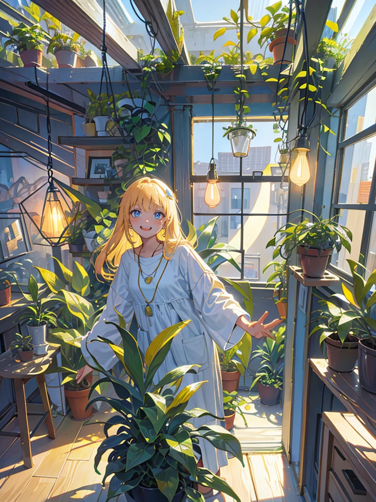 Greeting with a friendly smile, Many pendant lights, Foliage plant, Lots of windows